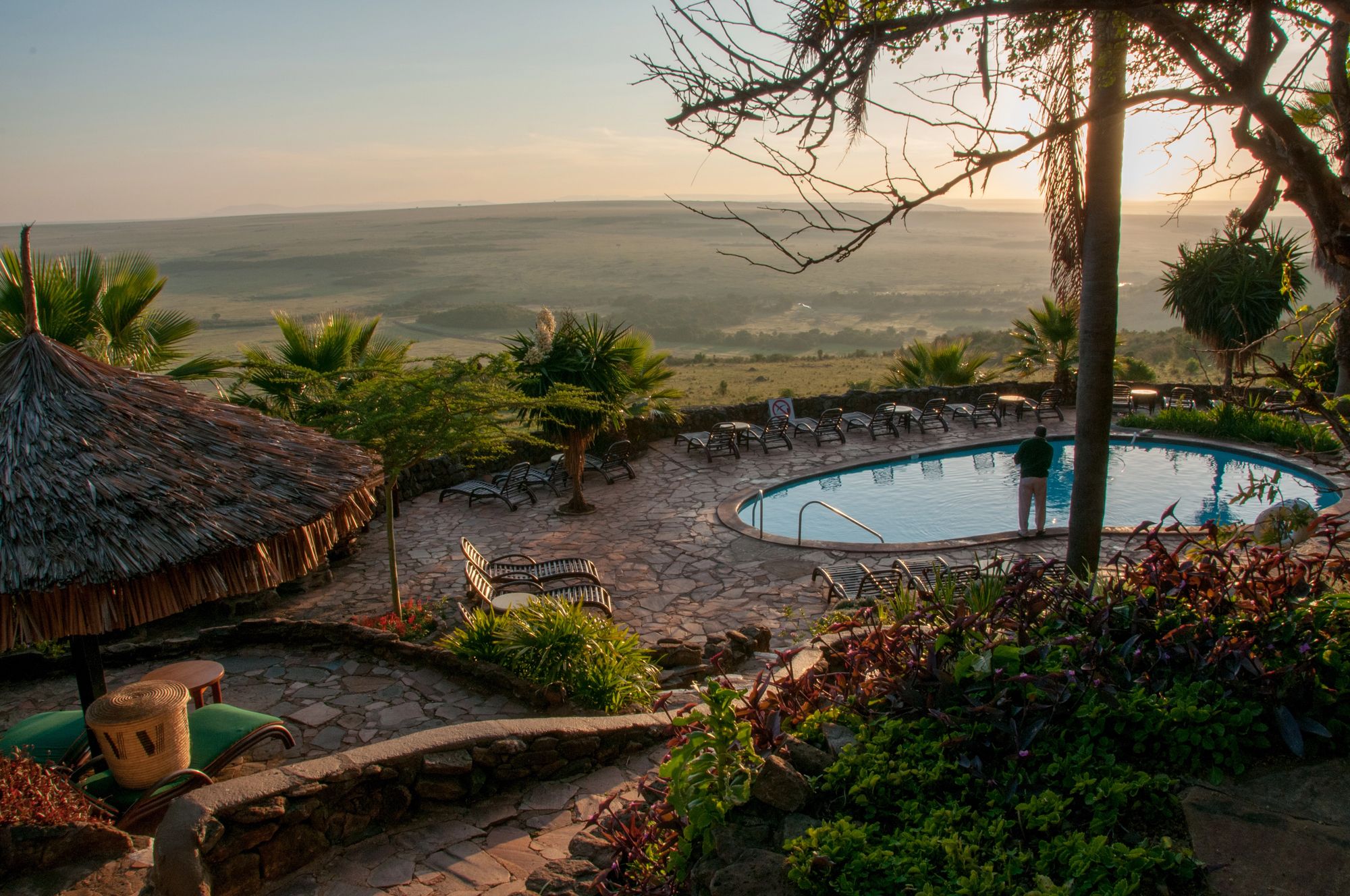 A lodge pool terrace at dawn, looking out over open plains